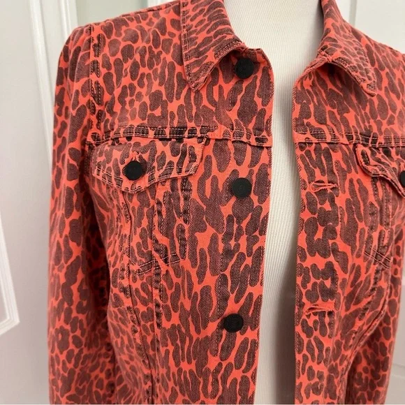 NWT MOTHER Puffy Bruiser Scooter Radioactive Paws Leopard Orange denim Jacket M - Picture 4 of 16